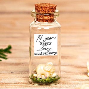 14th Ivory Anniversary Gift – Miniature Elephant Charm & Custom Portrait, Personalized Wedding Keepsake for Him, Her, False Ivory, 14 Years
