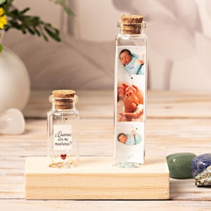 Quieres ser mi madrina, Regalo con fotos, Set de dos botellas y base de madera. Baby card. Regalo para madrina. Propuesta Padrino