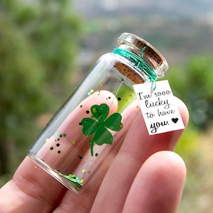 Tengo suerte de haberte conocido. Te deseo suerte. Good luck. Mensaje en una botella. Miniaturas. Regalo personalizado. Divertida postal.