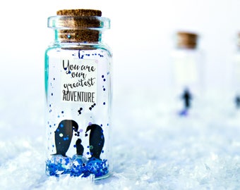 gift for family You are our greatest adventure.  Nursery Decor. Tiny message in a bottle. Personalised Gift. Baby card. family penguin