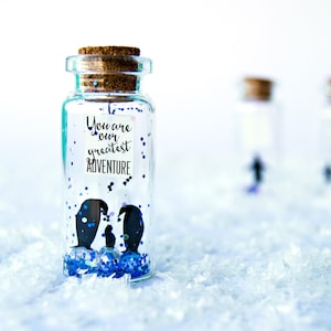 gift for family You are our greatest adventure.  Nursery Decor. Tiny message in a bottle. Personalised Gift. Baby card. family penguin