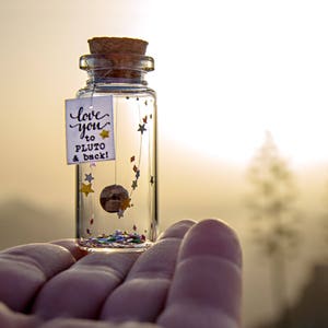 I love you to PLUTO & back. Message in a bottle. Personalized Gift. Funny Love Card. Valentine's Gift for Him. Card. Special greeting card.