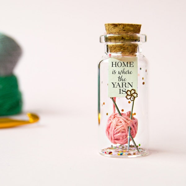 knit crochet yarn lovers - Home is where the yarn is -Message in a bottle-Personalised Gift -Valentine Card -Thread needle thimble stitching