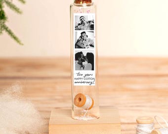 Cadeau voor 2e trouwdag met mini katoenen haspel, gepersonaliseerde herinnering aan een bruiloft van twee jaar, katoenen jubileumfles, uniek cadeau voor hem of haar