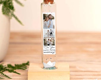 Cadeau voor het eerste papieren jubileum, origami papieren bootfles met fotocollage, gepersonaliseerd aandenken voor een bruiloft van één jaar, cadeau voor hem of koppels