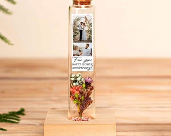 Cadeau voor 4e trouwdag, flesje met gedroogde bloemen voor een trouwdag, echt miniboeket als aandenken voor een 4e trouwdag, gepersonaliseerd huwelijkscadeau voor haar
