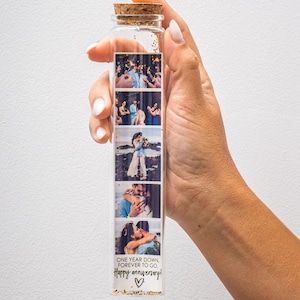 Eerste verjaardag, gepersonaliseerde fles met foto's en boodschap, eerste huwelijksjaar, extra lange fles, jubileum, Valentijnsdagpaar