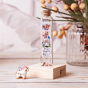 Regalo di compleanno con unicorno con messaggio personalizzato con foto in una bottiglia. Regalo per la sua migliore amica. Credi in te. Incoraggiamento motivazionale.