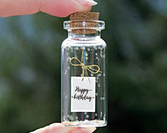 Happy birthday. Tiny message in a bottle. Miniatures. Personalised Gift. Funny Card. Special greeting card.