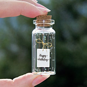 Happy birthday. Tiny message in a bottle. Miniatures. Personalised Gift. Funny Card. Special greeting card.