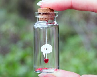 Hi! Comic. Heart. Tiny message in a bottle. Miniatures. Personalised Gift. Funny Love Card. Valentine. Special greeting card.