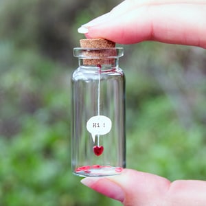 Hi! Comic. Heart. Tiny message in a bottle. Miniatures. Personalised Gift. Funny Love Card. Valentine. Special greeting card.