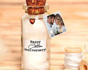 Katoenen jubileumcadeau – Miniatuur katoenbolletje, portret, boodschap, gepersonaliseerd aandenken voor het tweede huwelijksjubileum voor hem of haar.