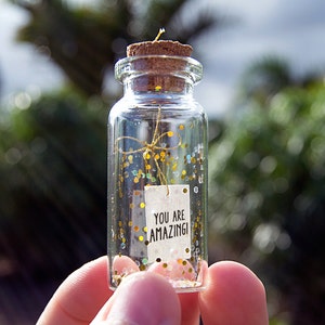 You are amazing - wonderful - beautiful - fantastic - incredible - the one...! Tiny message in a bottle. Miniatures. Personalised Gift.