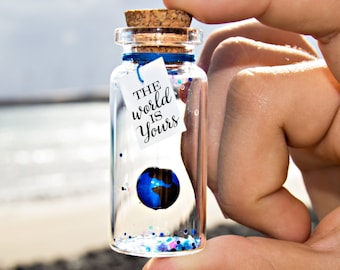 The world is yours /  ours / mine. Tiny message in a bottle. Miniatures. Personalised Gift. Funny Love Card. Special greeting card.