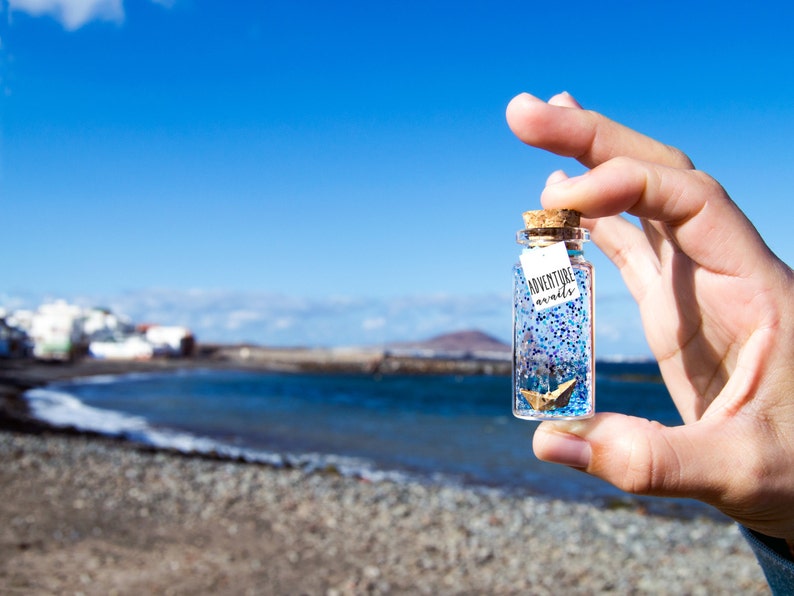 Adventure awaits. Mar. Origami boat. Paper boat. Ship into a bottle. paper ship. Bottle ship. Message in a bottle. Anniversary Gift for Him image 1