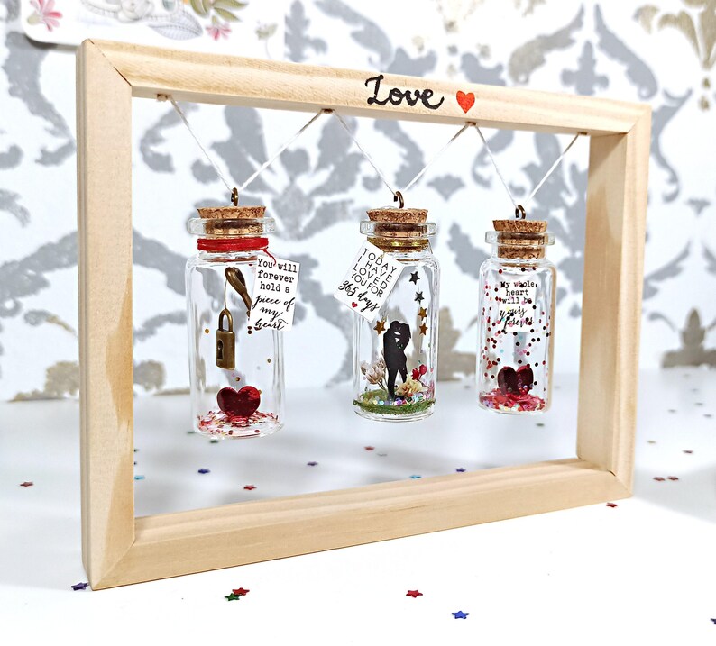 Display your bottle. Floating frame wood handmade. Swing. Frame your message. Personalized gift. Romantic. Thoughtful Gifts. Valentine. FRAME for 3 bottles