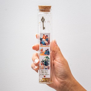 Custom Photo Memory Bottle, Key to My Heart, Personalized Gift with Photos & Message, Gift for Anniversary, Birthday, Engraved Wood holder