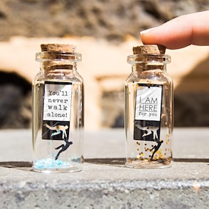 Message In A Bottle Personalized Gift: Never Alone Sentiment, Miniature Love Note (5cm Bottle, Custom Text)