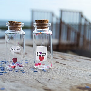 Hey boy. I f-cking love you. Tiny message in a bottle. Miniatures. Personalised Gift. Funny Love Card. Valentine Card. Special greeting card