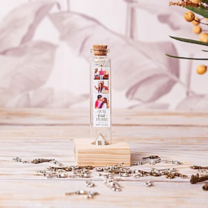 Housewarming Gift Custom Photo Bottle, Personalised Keepsake, Wooden Base, Gift For Newlyweds