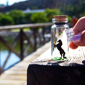 Horse Gift. Unique gift Horse. Make it happen. Wild & free Message in a bottle. Miniatures. Personalised Gift. Funny Card. Motivational Card image 1