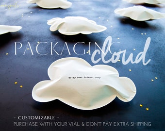 Packaging cut out in shape of a cloud. Clouds with messages. Clouds of paper. Packaging for bottle's message. Personalized gift. Valentine