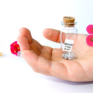 Félicitations, tellement contente pour toi. Toutes nos félicitations. Carte postale amusante. Message dans une bouteille. Miniatures. Cadeau personnalisé.
