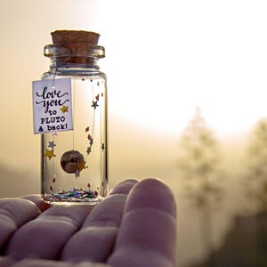 I love you to PLUTO & back. Message in a bottle. Personalized Gift. Funny Love Card. Valentine&#39;s Gift for Him. Card. Special greeting card.