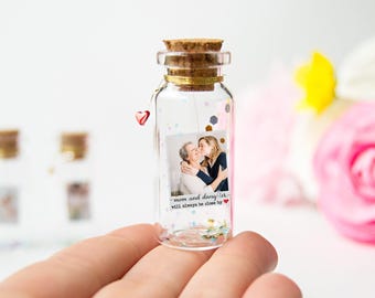 Moederdag cadeau gepersonaliseerde fles: handgemaakte dennenhouten lijst, uniek herinneringscadeau (aangepaste tekst, klein formaat)
