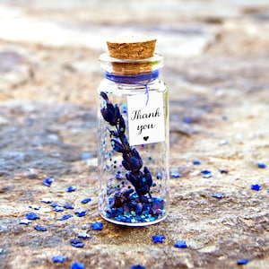 Thank you. Lavander. Tiny message in a bottle. Miniatures. Personalised Gift. Funny Card. Special greeting card.