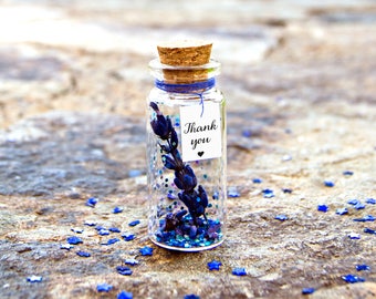 Thank you. Lavander. Tiny message in a bottle. Miniatures. Personalised Gift. Funny Card. Special greeting card.