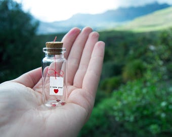 Valentine&#39;s gift - I love you. Tiny message in a bottle. Miniatures. Personalised Gift. Funny Love Card. holiday decor. Special card Mature