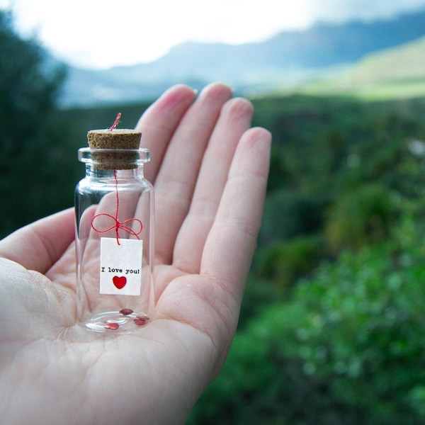Tiny Message Bottle Love Note: Miniature Personalized Gift, Handmade Glass and Wood