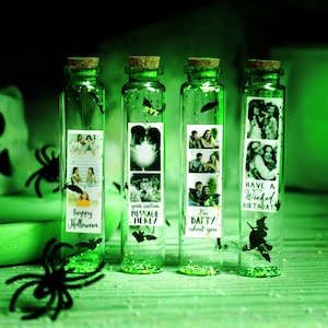 Halloween Gift, Glow in the dark, Hocus pocus, Witch, Bats, Boo Batty Message in a bottle with photos, Personalised halloween card in a box