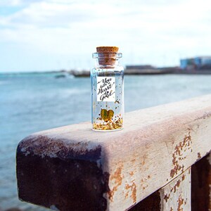 Message In A Bottle Heart Of Gold Card: Miniature Personalized Love Note, Handmade Paper (5cm Bottle, Custom Text Available)