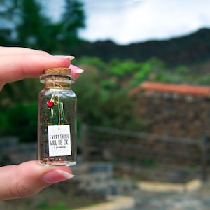Everything will be ok. I promise. Tiny message in a bottle. Miniatures. Personalised Gift. Funny Card. Special greeting card.
