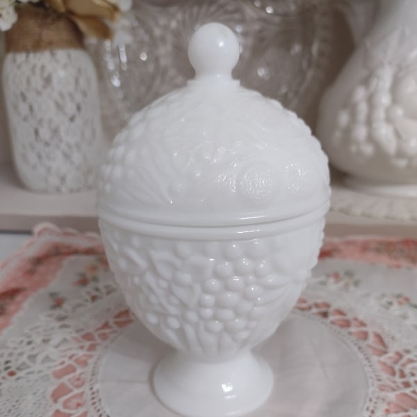 Vintage Avon Milk Glass - Footed Milk Glass -  Egg Shaped Milk Glass - Milk Glass Candy Dish - Pedestal Dish - Avon Embossed Floral