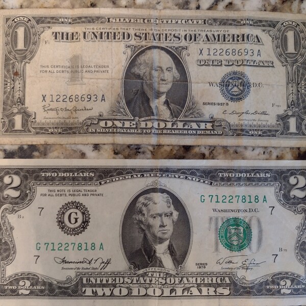 1976 Two Dollar Bill - 1957 B Silver Certificate One Dollar - United States Silver Certificate - United States 2 Dollar Bill