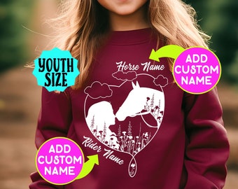 Personalized Girl's Horse Sweatshirt, Horse Head Heart, Custom Horse Sweatshirt, Horse Silhouette, Horse Gift, Equestrian, Horse Lover