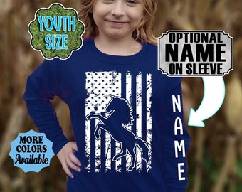 Kid's Horse Flag Shirt, Youth Horse T-Shirt, USA Flag Shirt, Patriotic, Wild Horse, Cowgirl, Cowboy, Rodeo, Western, Equestrian, Horse Gift