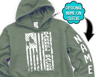 Barrel Racer Hoodie, USA Flag, Barrel Racer Sweatshirt, Rodeo T-Shirt, Personalized Hoodie, Patriotic Horse, Horse Name Gift, Custom