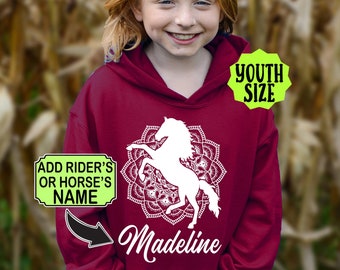 Personalized Girl's Horse Hoodie, Mandala Horse Hoodie, Custom Horse Sweatshirt, Horse Silhouette, Horse Gift, Equestrian, Horse Lover