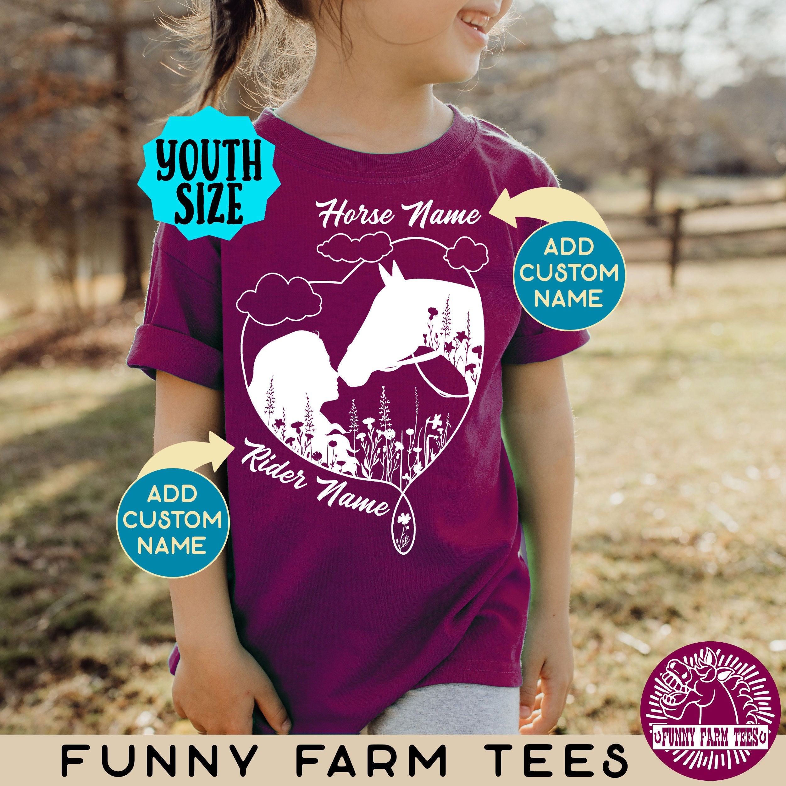 Girl's Personalized Horse Shirt, Custom Horse Name T-Shirt, Equestrian, Love Horses, Horse Lover, Horseback Riding, Horse Riding