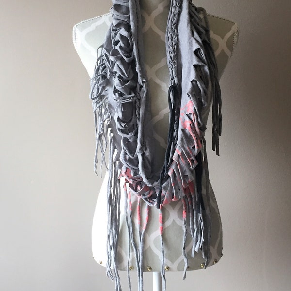 T Shift Scarf / shredded fringed upcycled tshirt necklace, fringe braided scarf, grey loop scarf, womens t shirt scarf