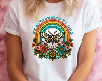 Transformed by God Butterfly Shirt . Religious Gift . White T-Shirt Graphic Tee