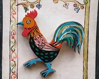 Rooster Brooch - Handmade pin badge - Hand painted