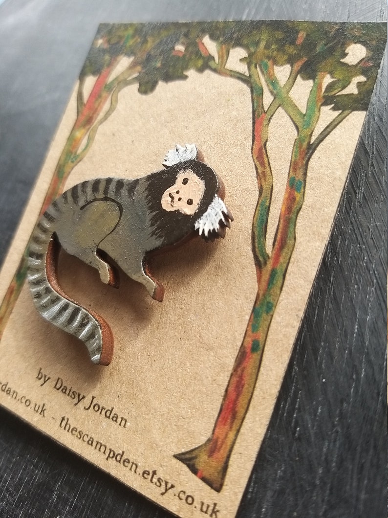 Marmoset Monkey Brooch Charity Pin Hand painted Wooden Cute Badge Handmade