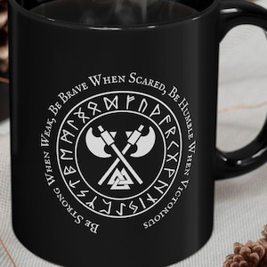 Black Mug, Viking Quote Coffee Mug, Norse Mythology Gift, Valknut Compass, Scandinavian Gifts, 11oz 15oz