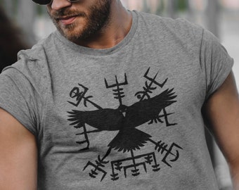 Vegvisir Viking Compass T-shirt, Odin Raven, Norse Mythology